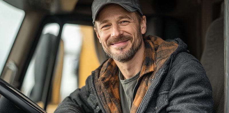 Conducteur souriant assis dans la cabine d’un camion.