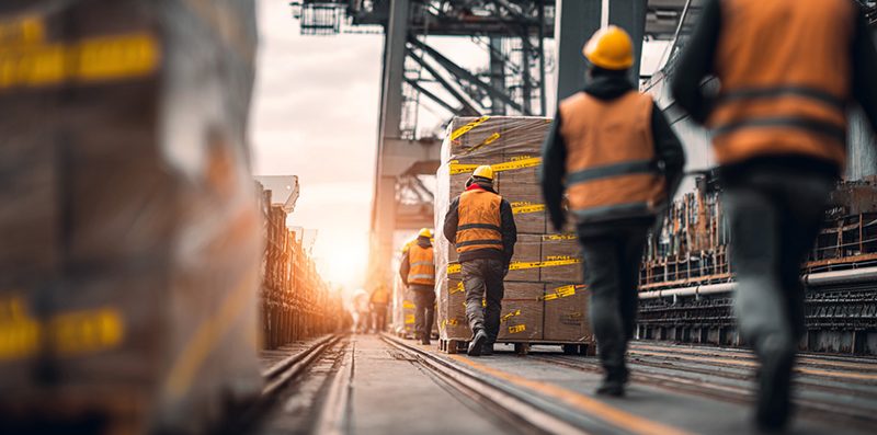 Travailleurs en logistique déplaçant des palettes dans un entrepôt industriel.