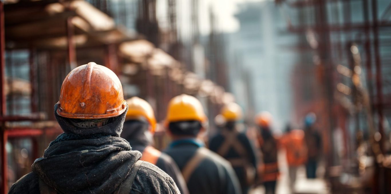 Ouvriers du bâtiment portant des casques de chantier sur un site en construction.