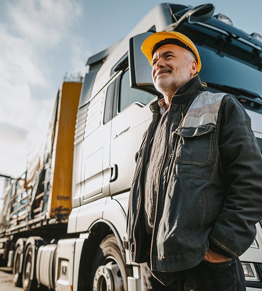 Conducteur poids lourd souriant devant son camion – secteur transport routier en Savoie et Haute-Savoie