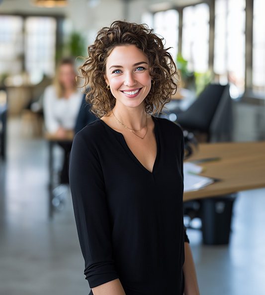 Femme souriante dans un bureau moderne, illustrant l’approche humaine de M L’Intérim.